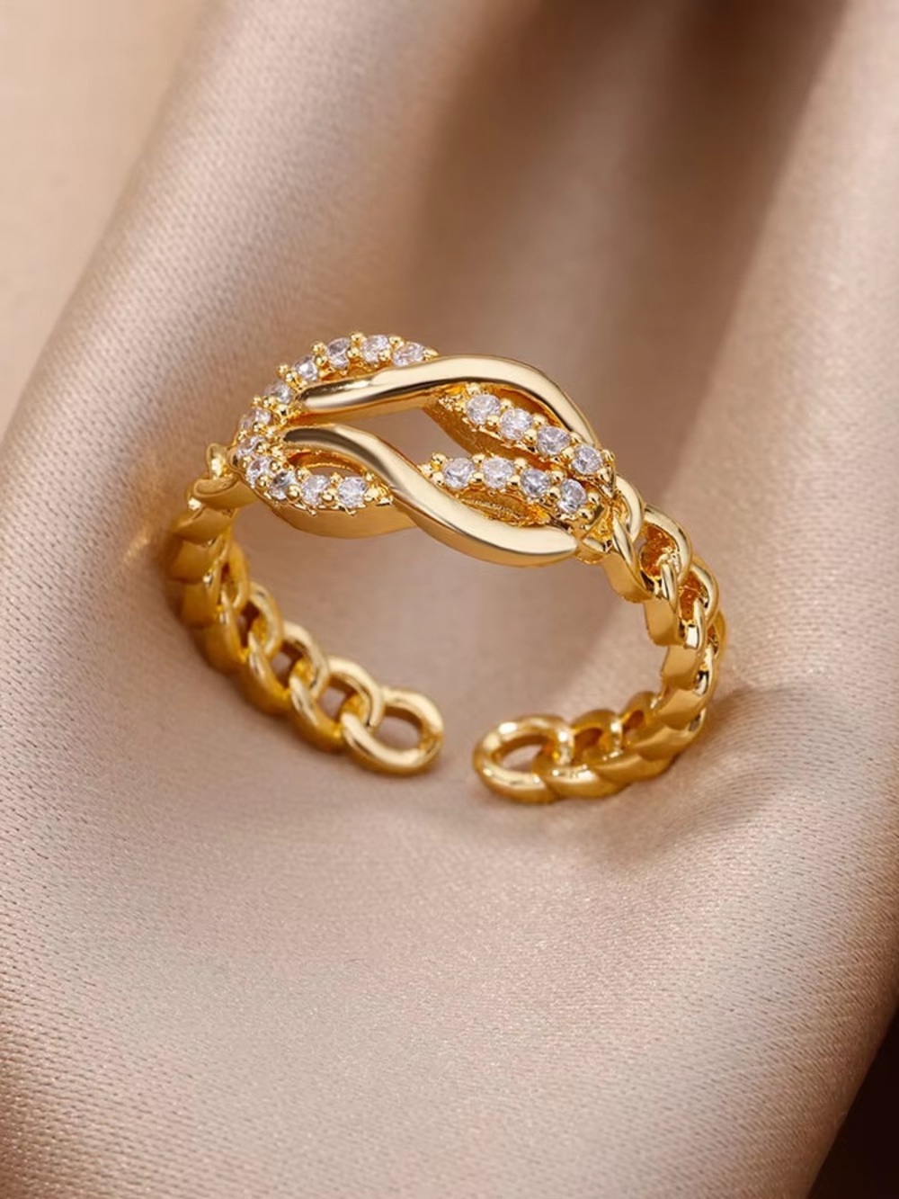 Gold Crystal Chain-Link Open Ring - Women's Fashion Jewelry